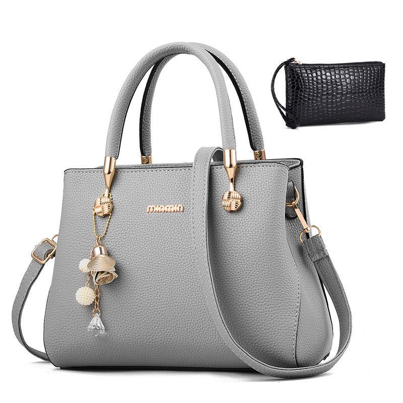 Women's top-handle bag  leather handbag zipper shoulder bags With metal pendants and free wallet