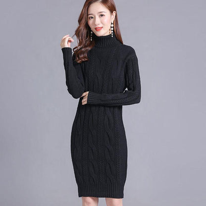 Sweater Women's Turtleneck Pullover Mid-length Knitwear Korean Pure Color Trending Sweater Dress Clothes Set Autumn and Winter