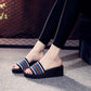 Thick-soled Beach Slippers Women's One-word Slippers Summer Casual Sandals All-match Outer Wear Seaside High-heeled Flip-flops Holiday Stripes Shoes
