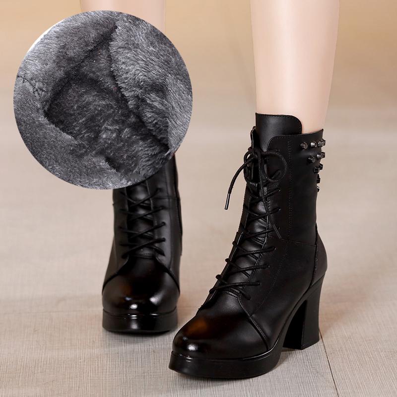 Boots Women Ankle Boots Genuine Leather Women Round Toe Chelsea Boots High Heel Boots Snow Boots