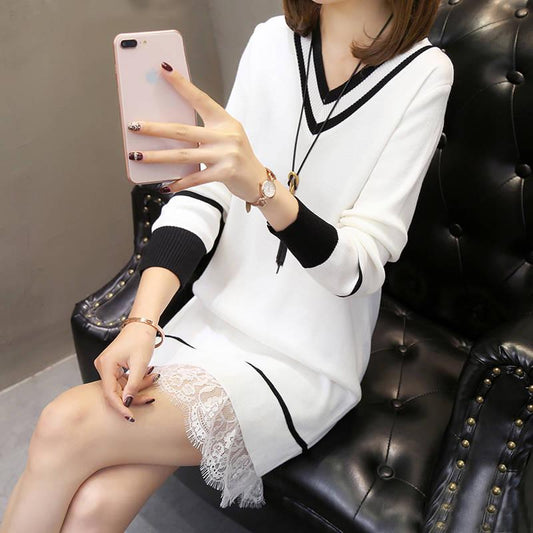 Autumn and winter long sweater women's head large size knit dress was thin bottoming shirt women