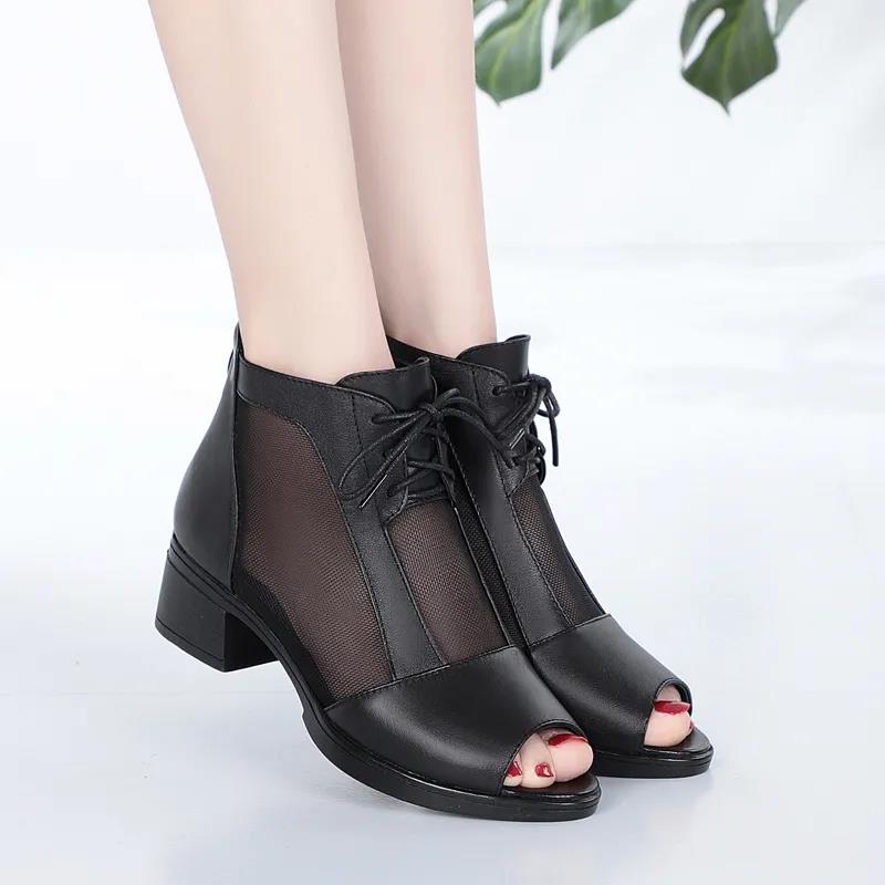 Sandals Women's Mid-heel Mesh Thick-heeled High-heeled Shoes Women's Fish Mouth Black Low-heeled Sandals