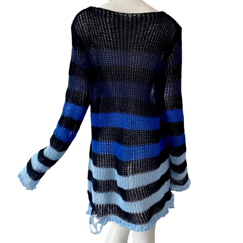 Sweater Women Stripe Ripped Pullover Mid-length Punk Loose Openwork Knitwear Top Trending Aesthetic Purple Sweater Dress Jumper
