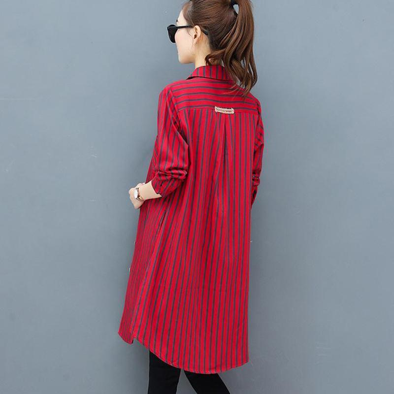 Women's Long-sleeved Striped Shirt Loose Casual Plus Size Mid-length Blouse