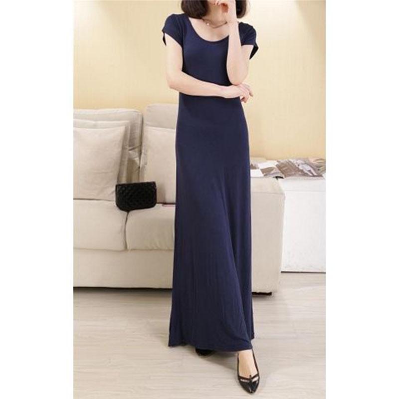 Fashion Long Maxi Dress Cotton Short Sleeve Crew Neck Elastic Backless Summer Dress Party Dress