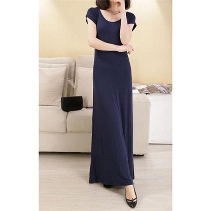 Fashion Long Maxi Dress Cotton Short Sleeve Crew Neck Elastic Backless Summer Dress Party Dress