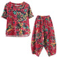 Cotton Summer Ethnic Style Printed Short-sleeved Suit Fashion Loose Harem Pants Plus Size Two-piece Women