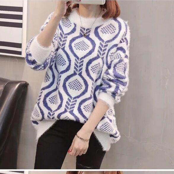 Pofulove sweater women's loose spring and autumn round neck knitted bottoming shirt women's tops