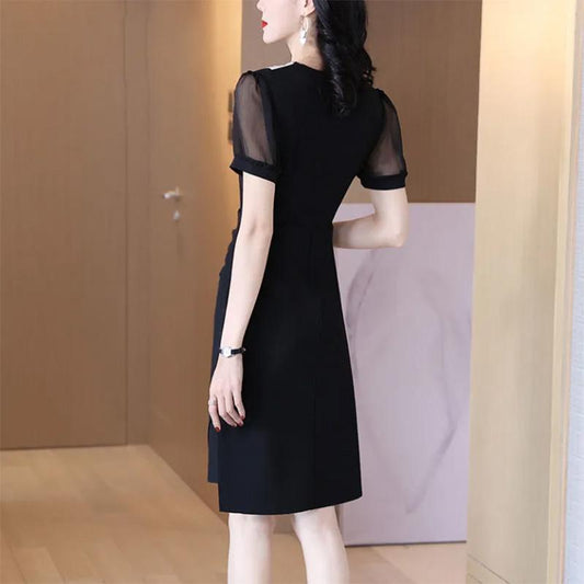 Dress Women's V-neck Hem Irregular Waist and Thin Temperament Black Package Hip Skirt One-step Skirt