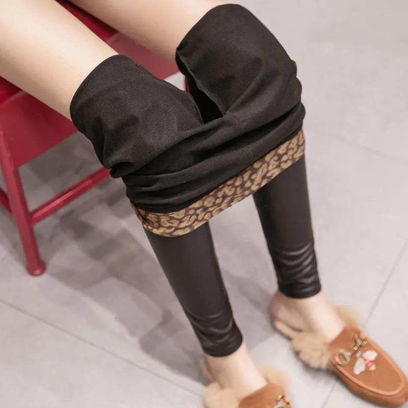 Autumn/winter Leather Pants Women's Outer Wear Thin Velvet Medium-thick Leopard Print Waist  Wide Waist Thinner Large Size Stretch Tights Leggings