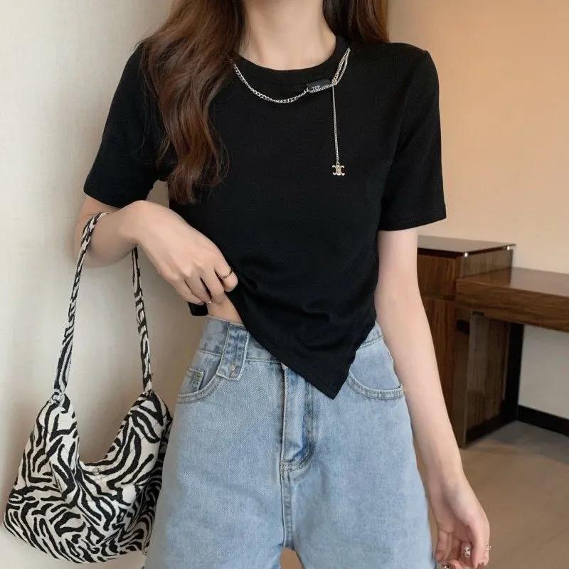 Women's Fashion Round Neck Half Sleeve Asymmetry Summer Casual Slim Short T-shirt
