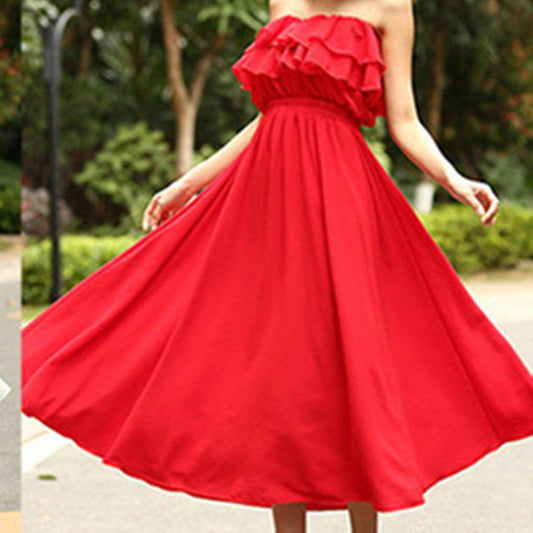Pofulove Vacation Beach Strapless dress Off-shoulder Ruffled Sexy slash neck Chiffon dress Summer