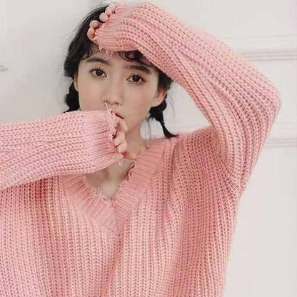 Loose Casual Solid Color Irregular Sweater Fashion Chic Tassel V-neck Long-sleeved Knit Pullover