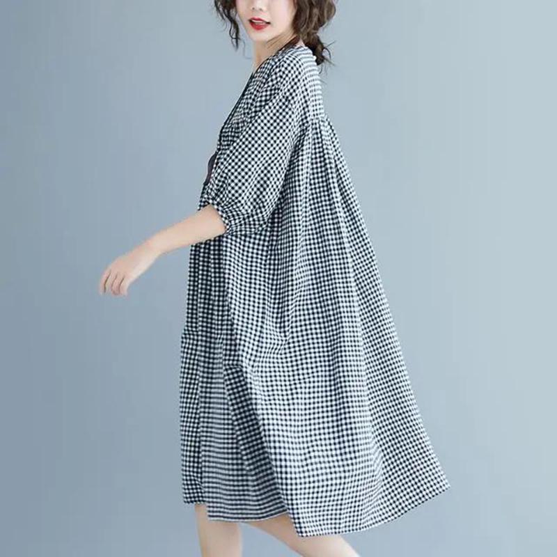 WTEMPO Plus Size Ladies Dress Summer 1/2 Sleeve Round Neck Long Dress Casual Mid-calf Length Plaid Dress