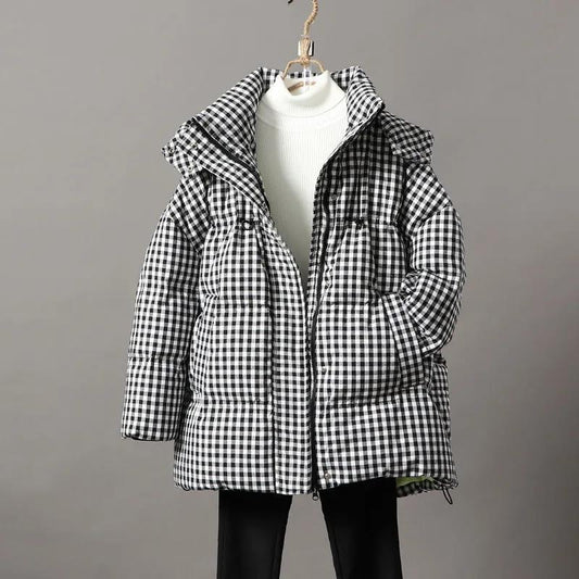 Black and White Plaid Down Jacket Women Mid-length Korean Thick Hooded White Duck Down Jacket Women