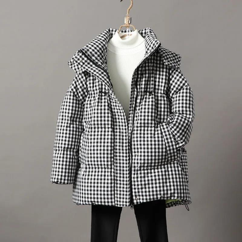 Black and White Plaid Down Jacket Women Mid-length Korean Thick Hooded White Duck Down Jacket Women