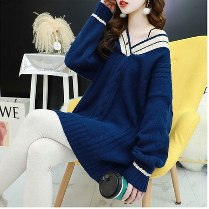 Women Loose Casual V-neck Knit Sweater Thick Warm Knitted Tops Outwear