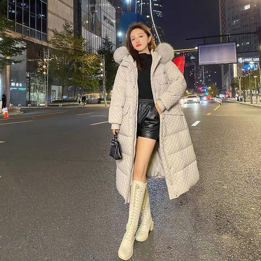 Down Jacket Women's Fluffy Big Fur Collar Hooded Loose Casual White Warm Down Jacket Winter Slim Thick Mid-length Over-the-knee Cotton Jacket