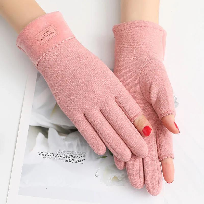 Fingerless Warm Gloves Female Winter Cute Korean Version Half-finger Plus Velvet Thick Cotton Driving Leak Two Fingers