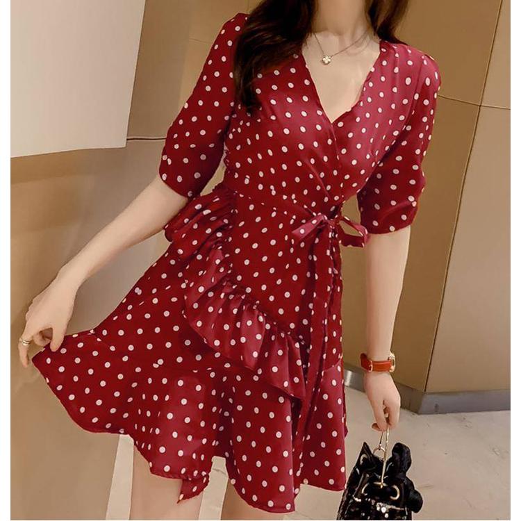 Ruffle Trim Sashes Women Summer Dress 3/4 Sleeves Dot Print Casual Dress Sweet A Line Mini Dresses