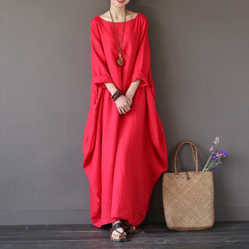 S-XXXXXL Summer Cotton and Linen 3/4 sleeved Full Length Large Size Loose Casual Solid Color Dress