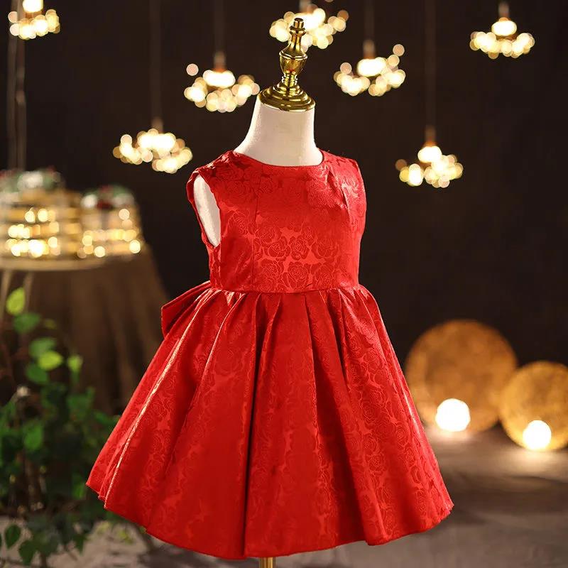 Red Children's Evening Dress Wedding Flower Girl Dress Princess Skirt Girl Baby Sweet Temperament Tutu Skirt Round Neck Sleeveless Waist