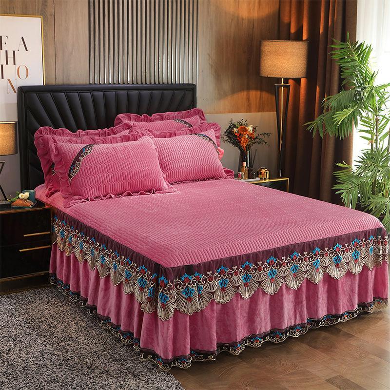 3pcs/set Crystal Velvet Padded Bed Skirt Lace Autumn and Winter Sheets European-style Simmons Protective Cover