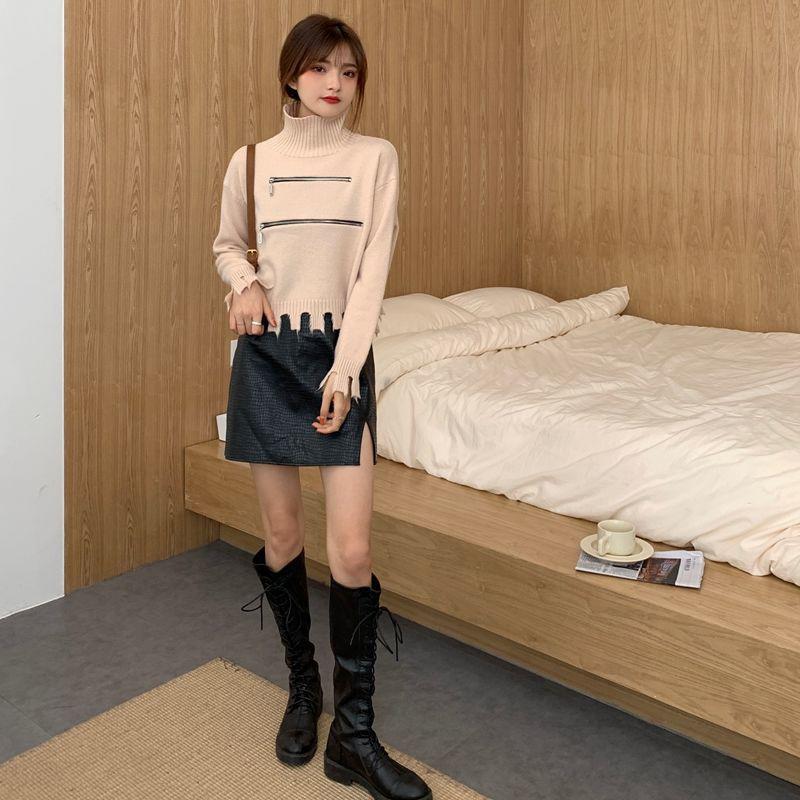 Women's Solid Color Trendy Fashion Zipper Slim Bottoming Sweater High Neck Tassel Short Knit Sweater