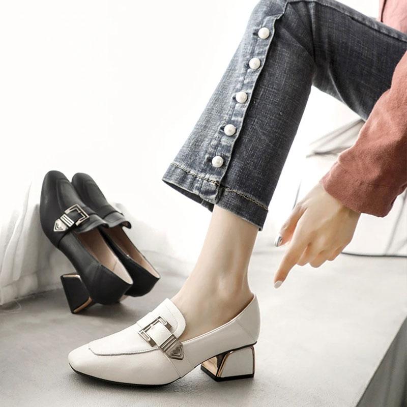 Soft Surface Comfortable Real Cowhide Thick Mid-heel Work Shoes Casual Shoes Single Shoes Women's Square Toe English Small Leather Shoes