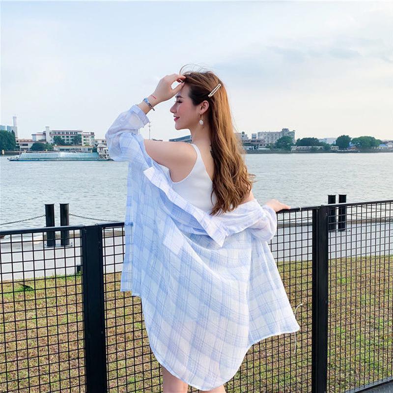 Over The Knee Long Sun Protection Clothing Women Loose Fat MM Plaid Chiffon Shirt Sun Protection Clothing Large Loose Long Coat