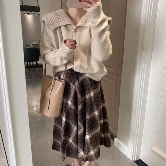 Navy Collar Sweater Coat Women Fall Winter Loose   College Style Knitted Cardigan Long Sleeve Casual Sweater