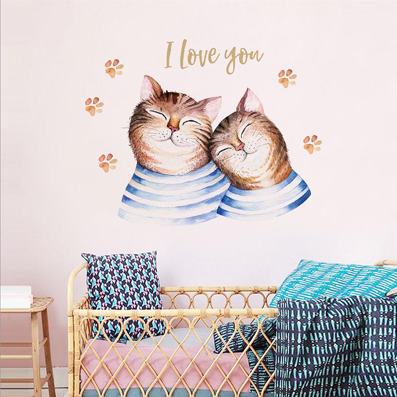 Cute Lovely Cartoon Cats Couples Wall Stickers Paws Prints For Kids Room Bedroom Art Decals Home Dec