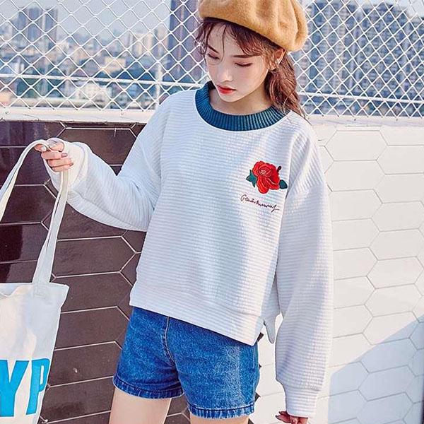 Autumn and Winter Thick Loose Round Neck Embroidery Knit Sweater Student Short Sweater Women