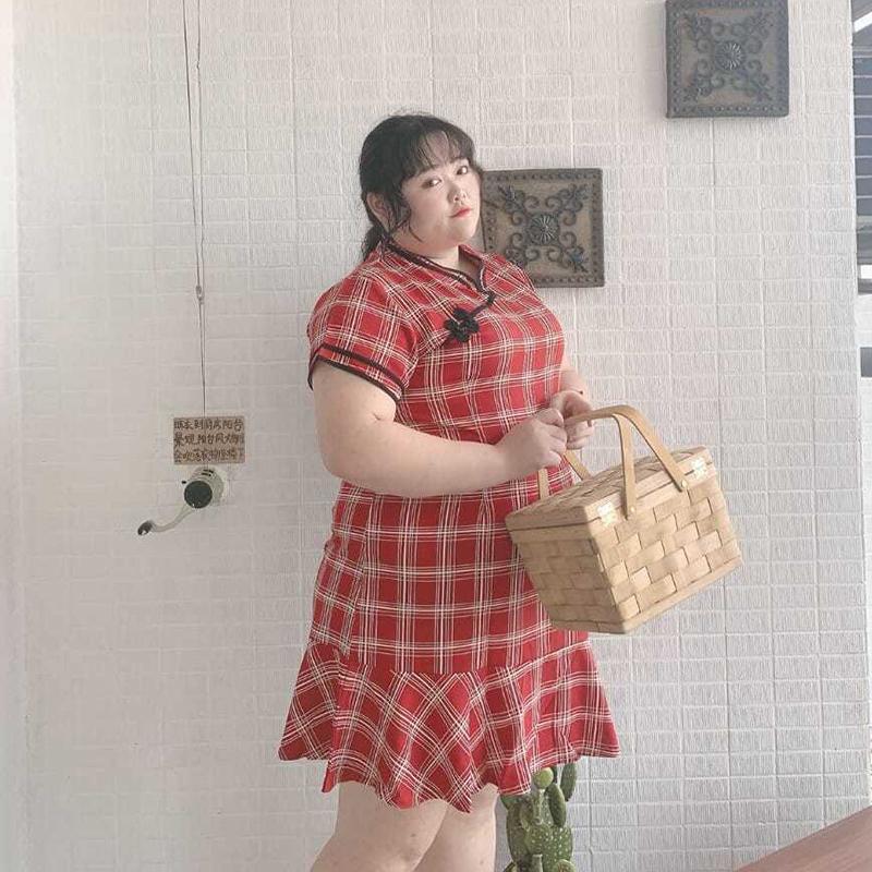 Fat Girl 300 Kg Extra Large Plaid Dress Summer New Product Improved Version Loose and Thin Ruffled Cheongsam Women