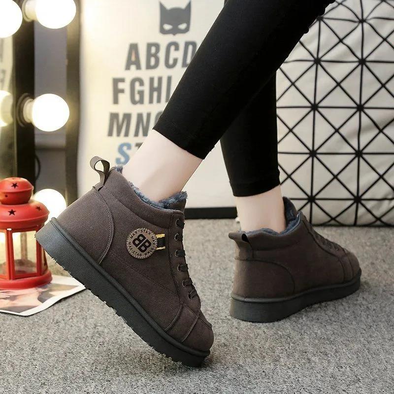 Winter Cotton Shoes Women Plus Velvet Warm Short Tube Laces Snow Boots Ankle Boots