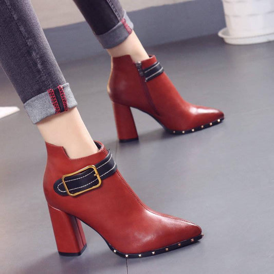 Autumn Winter Ankle Boots Women Solid Female Elegant Ladies Pointed Toe Square Heel Classic Shoes