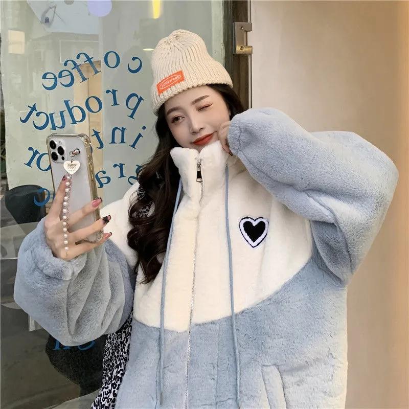Women's Winter Lamb Wool Coat Lazy Wind Girl's Loose Cotton Coat Thick Plush Stitching Sweater Casual Warm Cotton Clothes Home Clothes Oversized Coat