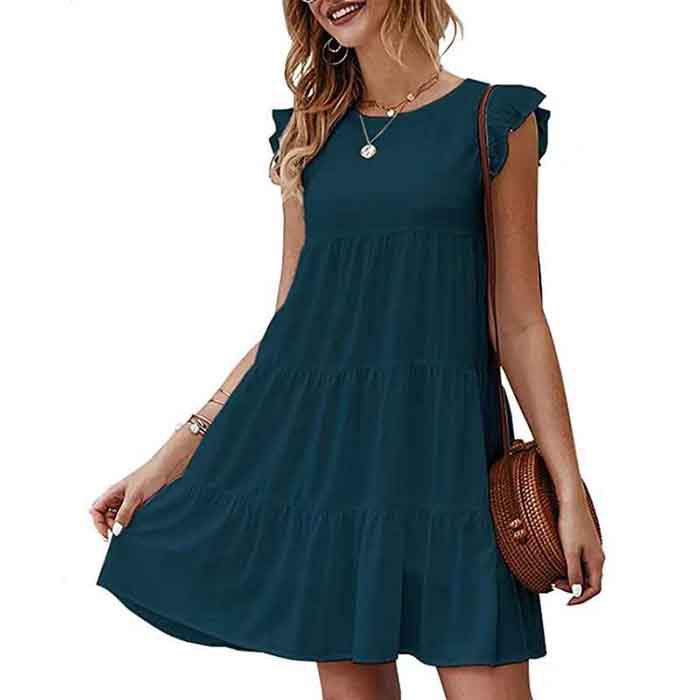 European and American Summer Solid Color Round Neck Short-sleeved Dress Casual Cake Skirt Pleated Swing Skirt