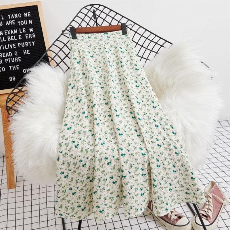 Cool Printed Chiffon Skirt Women's Summer Mid-length Small Fresh Floral High-waisted Over-the-knee Long Skirt