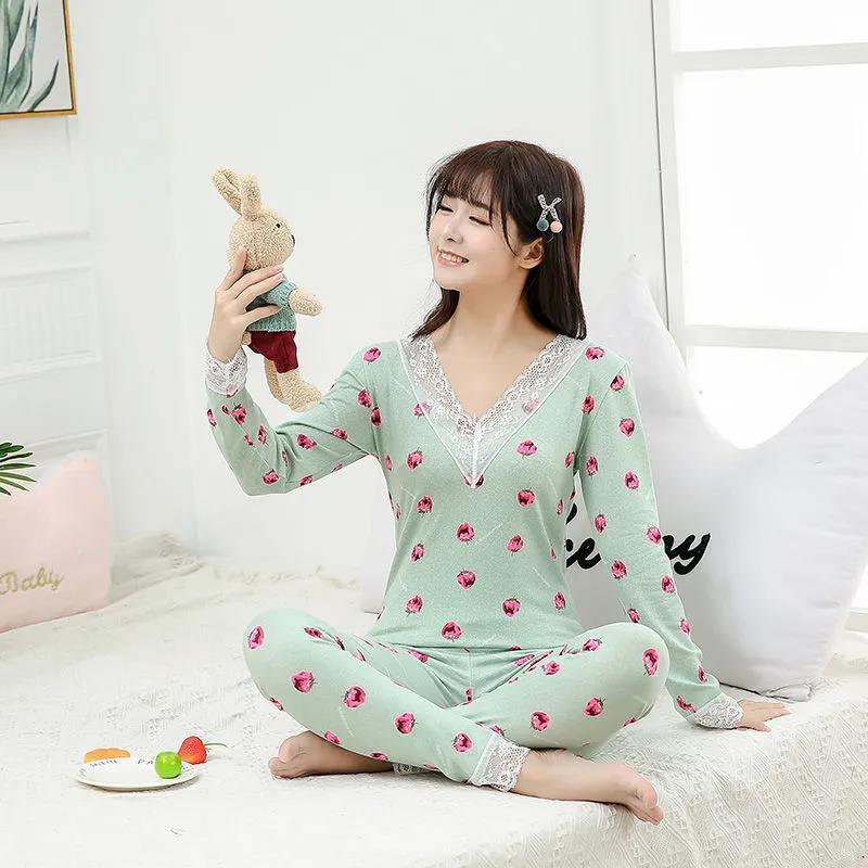 Qiuyi Long Trousers Women's Suit V-neck Round Neck Spring and Autumn Girls Students with Slim Bottoming Underwear Ladies Suit