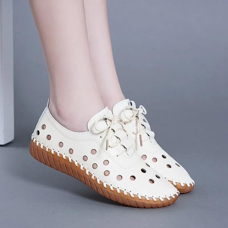 Women's Spring Summer Large Size Flat Shoes Non Slip Soft Sole Solid Color Hollow Out Leather Shoes