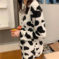Women's Autumn Winter Pajamas Set Loose Plus Velvet Cute Cow Pattern Suits Set Warm Loose Homewear Two-piece Set Long Sleeves Round Neck Pyjamas