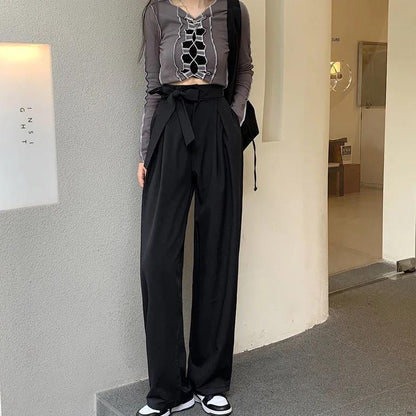 Suit Pants Women's Spring and Autumn Korean Version of Loose and Thin Drape Wide-leg Straight-leg Pants High-waist Bow Tie Trousers