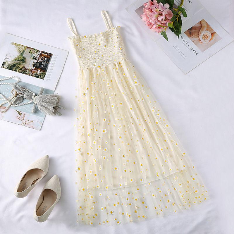Mesh High Waist Small Daisy Suspender Skirt Small Fresh Dress Literary Retro Sweet First Love Dress Sleeveless Fairy Dress