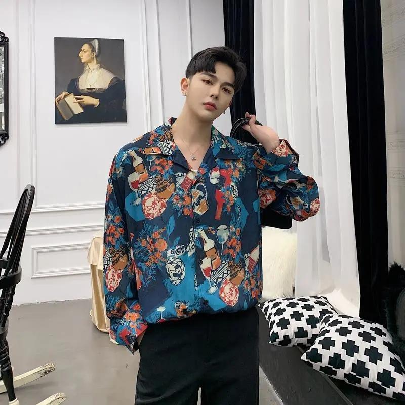 Korean Version of The Niche Designer Retro Printing Loose Paper Piece Chic Long-sleeved Shirt Men's Fashion Casual Flower Shirt