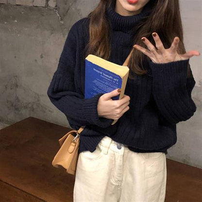 Pofulove Turtleneck Sweater Women's Autumn Winter Wear Red Loose Thick Sweater Bottoming Shirt