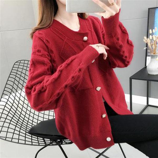 Autumn and Winter Cardigan Casual Jacket Fashion Knit Solid Color Sweater Loose-fitting Ladies Jacket