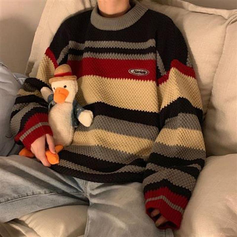 Autumn  Winter Retro Casual Color Striped Sweater Female Student Loose Fashion Round Neck Long Sleeve Sweater Coat