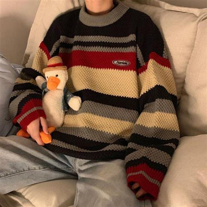 Autumn  Winter Retro Casual Color Striped Sweater Female Student Loose Fashion Round Neck Long Sleeve Sweater Coat