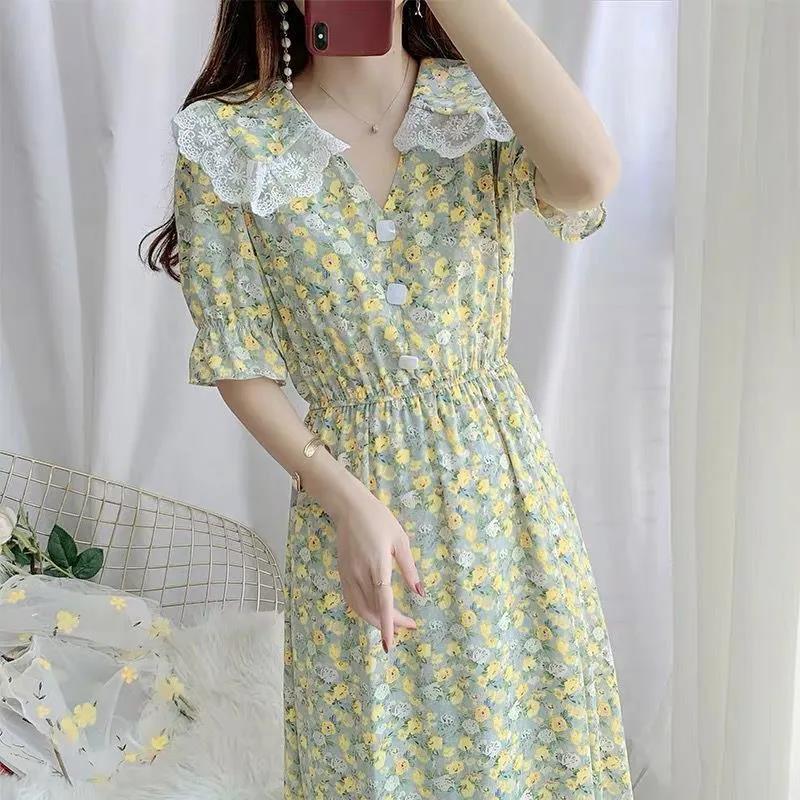Women's Summer Sweet Short Sleeve Long Floral Dress Doll Collar Thin A-line Skirt